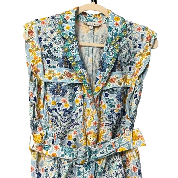 Rana Gill Anthropologie Linen Sleeveless Belted Romper Blue Multi Small Beach - Picture 3 of 7